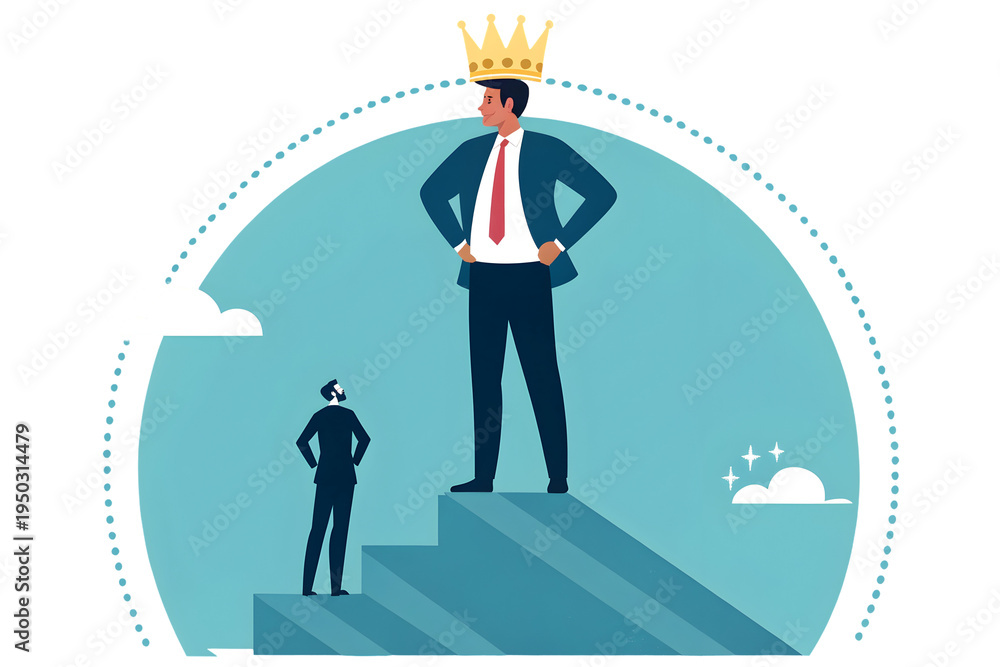 Fototapeta premium Man with Crown on Steps Looking Down at Smaller Man Business Concept