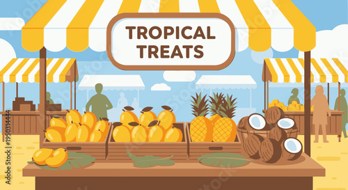 Tropical fruit stand with colorful produce.