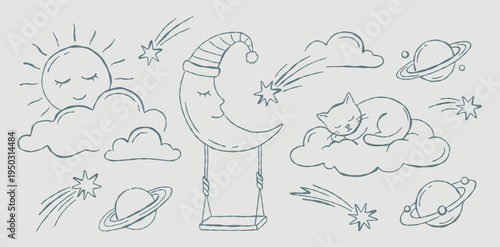 Sleeping sun, cat on a cloud doodles. Cozy moon swing, stars, and planets. Cute hand-drawn set for nursery art.