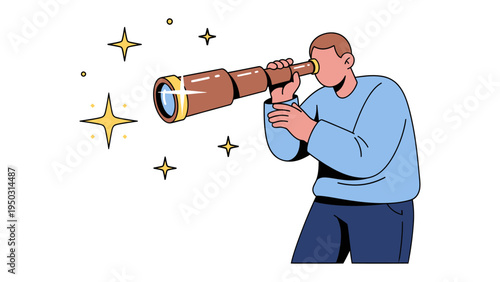 Visionary Exploration: A modern illustration depicting a person peering through a telescope, symbolizing exploration, discovery, and future visions.