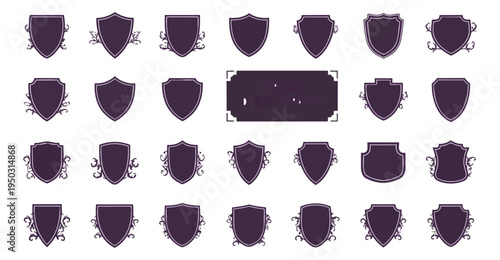 Collection of abstract shield emblems and badges on dark background