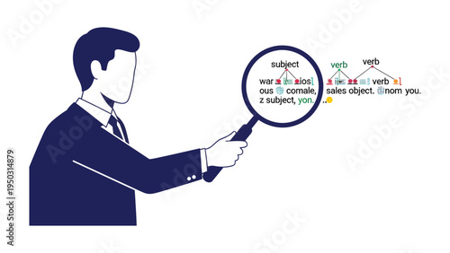 Analyzing Text with Magnifying Glass: A focused individual, keenly examines a text illustration through a magnifying glass, delving into the intricacies of language structure.