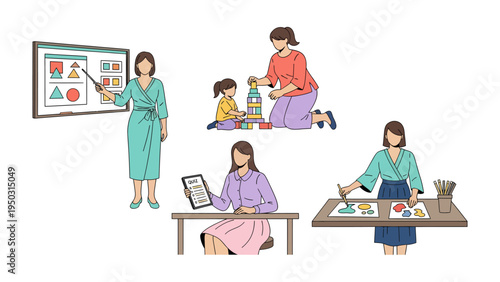 Diverse Female Educator Moments: Various scenes capture a female educator engaged in teaching and nurturing young minds in a colorful and interactive learning environment. 