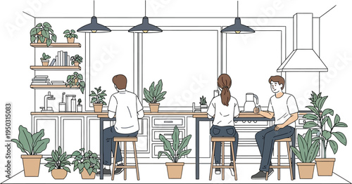 Diverse group of friends or colleagues collaborating and relaxing in a bright, modern, plant-filled kitchen or cafe interior illustration.