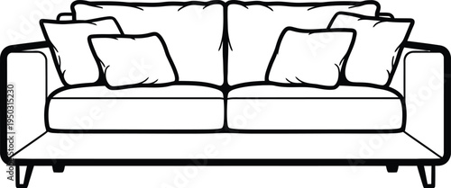 Simple line art illustration of a comfortable modern sofa featuring plush cushions and clean symmetrical design elements