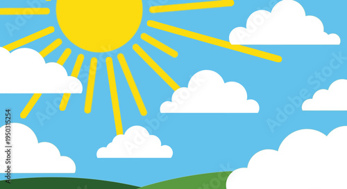 A vibrant cartoon illustration of a sunny day with a bright yellow sun, white fluffy clouds, and green rolling hills under a clear blue sky.