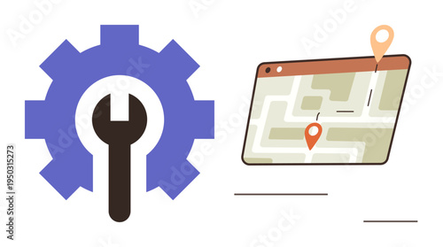 Navigation, maintenance, location services, route planning, technical support, road maps. Blue gear with wrench beside a digital map with location markers. Navigation and maintenance ideas