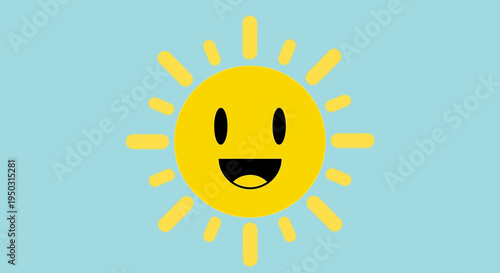A cheerful cartoon sun with a happy face and radiating rays on a light blue background, symbolizing joy and warmth.