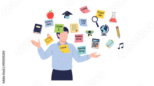 Education Educator's Creative Approach: An educator, surrounded by symbolic elements representing the essence of education. Showcasing an imaginative method to learning and the tools of education.