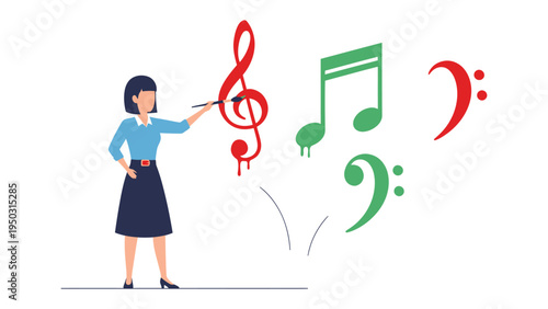 Melody Maestro: A focused woman, conductor's baton in hand, conducts musical notes, bringing vibrant musical symbols to life with expressive artistry. 