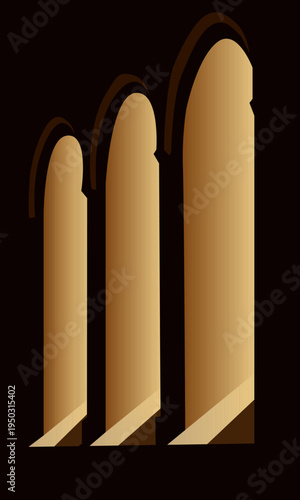 Vector illustration of three gothic style window arches of an old church on a dark background with golden light pouring out.