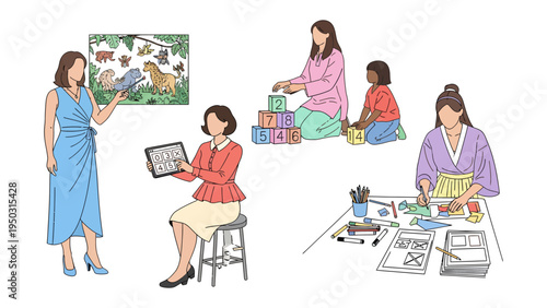 Nurturing Moments: A collection of images portraying different aspects of early childhood education and care. Featuring a teacher explaining a lesson with chart and children.