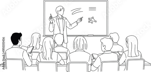 An educator leading a focused learning session for students in a classroom, actively pointing at relevant information on a large whiteboard.
