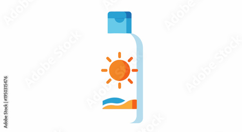 Illustration of a white sunscreen bottle with a blue cap, featuring an orange sun icon and a beach wave graphic, symbolizing sun protection and summer.