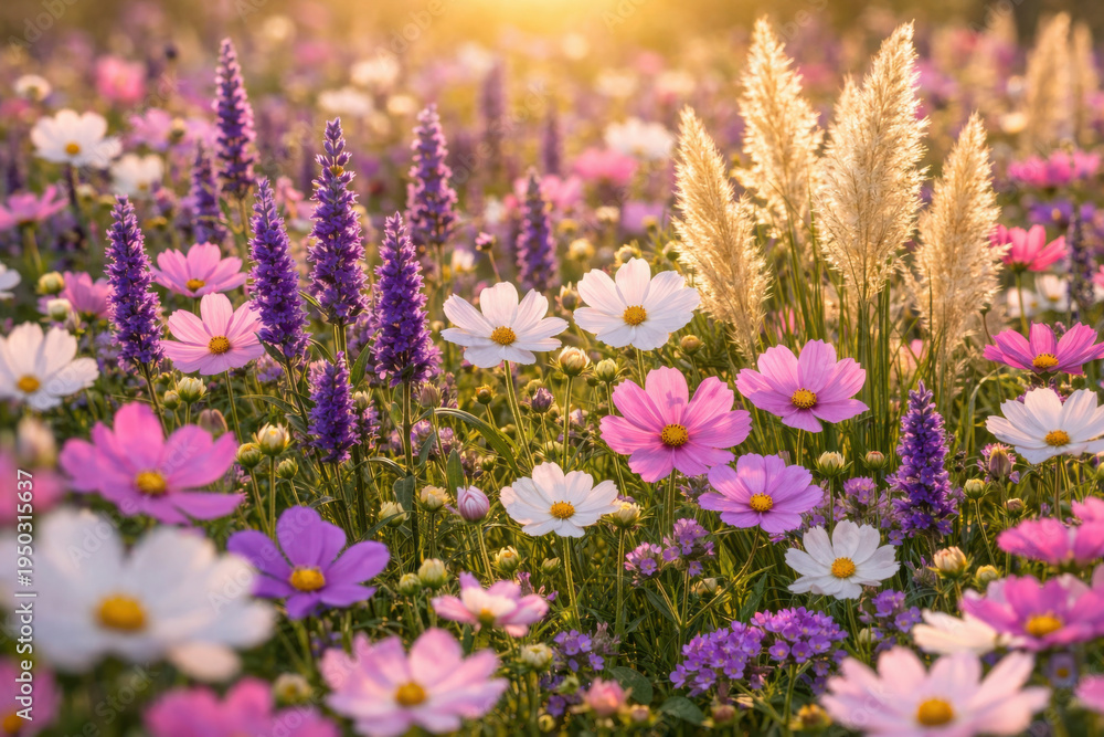 Obraz premium Vibrant meadow of colorful cosmos flowers and purple lavender under warm golden hour sunlight, creating a serene and beautiful natural background for spring and summer themes.