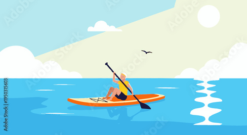 A person paddleboarding on a calm blue sea under a bright sunny sky with a bird flying in the distance, enjoying a peaceful day on the water.