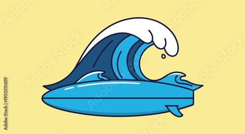 A cartoon illustration of a blue surfboard riding a large ocean wave with white foam.