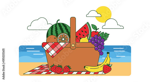 A vibrant illustration of a picnic basket overflowing with fresh fruits on a checkered blanket at the beach under a sunny sky.