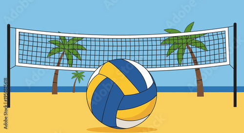 A vibrant illustration of a blue and yellow volleyball resting on a sandy beach with a net, palm trees, and the ocean under a clear blue sky in the background.