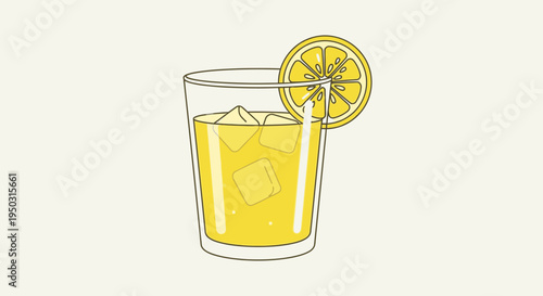 A refreshing glass of iced lemonade with a lemon slice on the rim, presented in a clean, minimalist illustration style.
