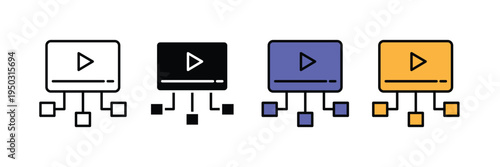 Video content strategy and distribution icon set. Digital media player with network flowchart, video marketing, and multimedia sharing symbols. Vector Illustration.