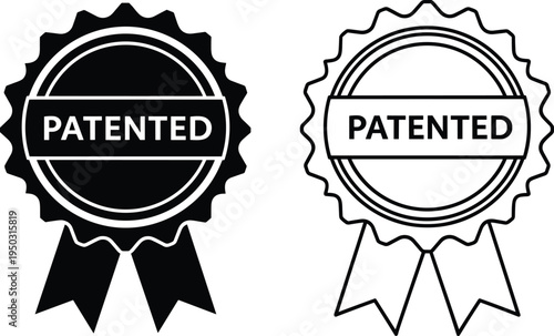 Black and White Patented Seal Award Ribbon Icons Vector Graphics Keywords: patented, patent, award, seal, icon, ribbon, stamp