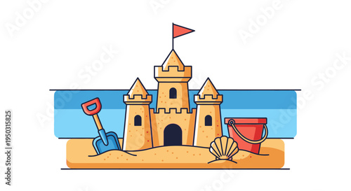 A charming cartoon illustration of a sandcastle on a sunny beach, complete with a red flag, blue shovel, red bucket, and a seashell, depicting a perfect summer day.