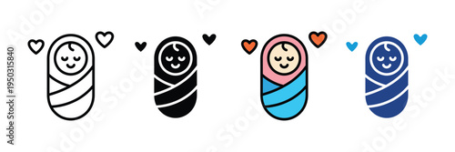 Newborn baby wrapped in swaddle blanket icon set. Infant care, parenting, and neonatology symbols with heart shapes. Vector Illustration.