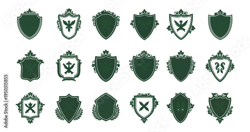 Set of heraldic emblems in green and white isolated on black background