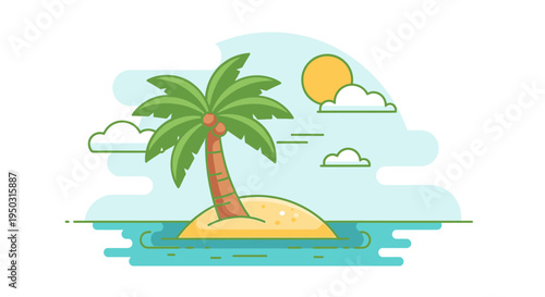 A minimalist vector illustration of a small tropical island with a single palm tree, surrounded by blue ocean under a sunny sky with clouds.