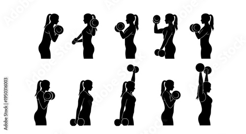 Woman Silhouette Exercising with Dumbbells Various Poses.