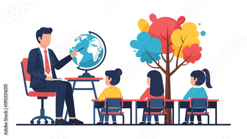 Teacher and Young Students: A teacher points at a globe, illustrating global concepts to a group of attentive young students in a vibrant, colorful classroom environment.