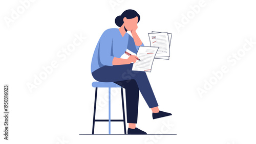 Focused Analysis: A solitary figure engrossed in detailed document review, perched upon a simple stool, engaged in a concentrated study, with papers in hand.