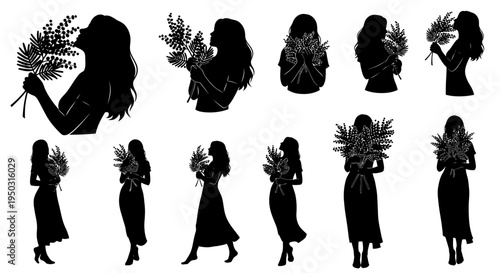 Woman Silhouette Holding Flowers Various Poses.