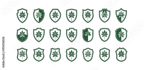 Shield emblems with leaf symbol pattern on black background