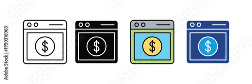Online payment and digital banking browser icon set. Dollar coin inside web window, financial transaction, and e-commerce symbols. Vector Illustration.