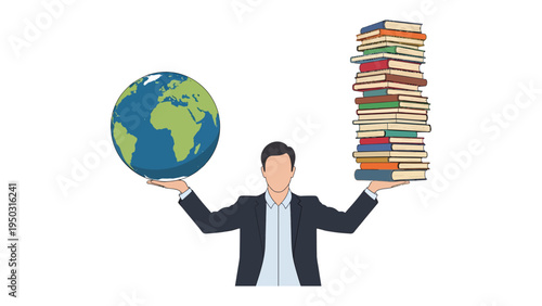 Knowledge Versus The World: A person balances a globe and a stack of books, representing the interplay between global awareness and the accumulation of knowledge.