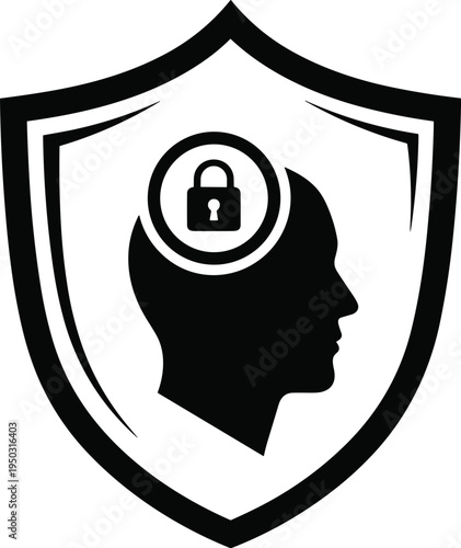 Black Silhouette of Human Head Inside Shield with Padlock Symbolizing Security protection safety