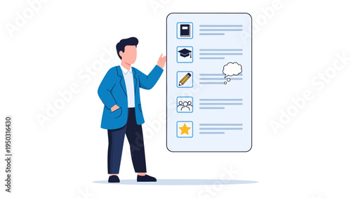 Educational guidance: An educational guide pointing towards educational goals. The illustration focuses on education planning, goal achievement, and study resources.