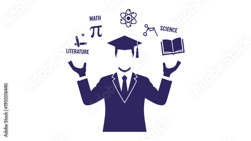 Scholar's Diverse Subjects: A conceptual illustration showcases a graduate juggling essential academic elements, highlighting the breadth of knowledge a scholar possesses.