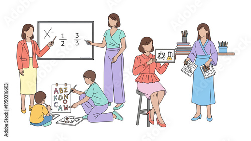 Diverse Classroom: Dedicated educators foster growth and knowledge in a dynamic educational environment, using visual aids, collaborative activities.