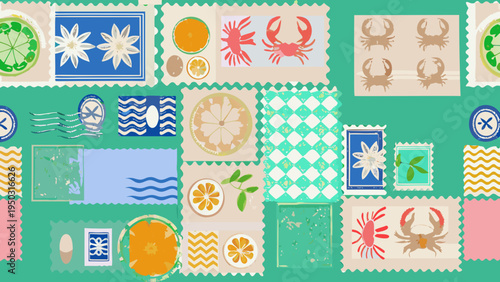 Colorful nautical themed postage stamps arranged in a repeating pattern