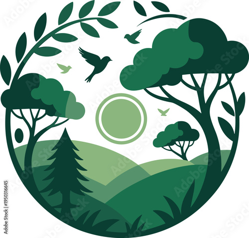 Green forest landscape with birds and trees eco nature environment conservation sustainable ecosystem wildlife illustration design concept