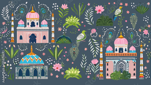 Indian architecture and vibrant tropical flora create a whimsical scene
