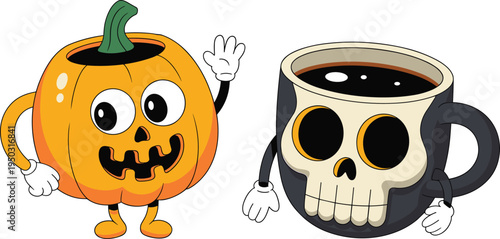 Cute Halloween pumpkin and skull coffee mug cartoon characters spooky autumn drink mascot illustration festive design concept