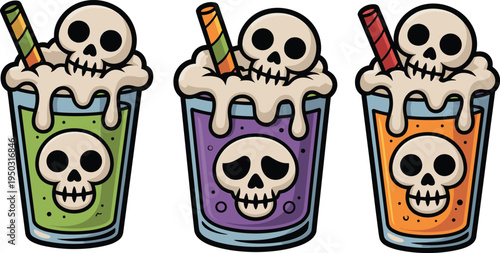 Halloween skull milkshake drinks spooky colorful dessert beverages cartoon horror sweet treat festive illustration design concept