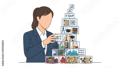 Education Empowerment: An educator thoughtfully interacts with a layered display, representing the multi-faceted nature of learning and knowledge accumulation.