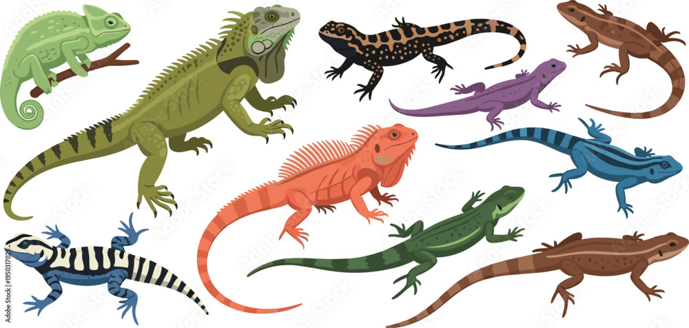 Fototapeta premium Lizard and Iguana Reptile Collection Cartoon Wildlife Vector Illustration Set
