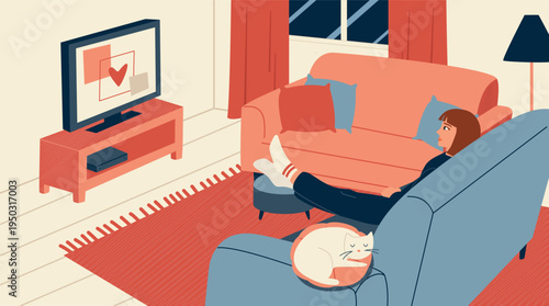 oung woman relaxing on sofa and watching TV at home, girl chilling in living room with a cat, cozy evening domestic interior