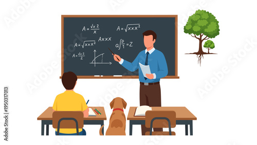 Mathematics Teaching in the classroom: A teacher explains math problems on the chalkboard in a classroom, with student, puppy and a tree representing the tree of life